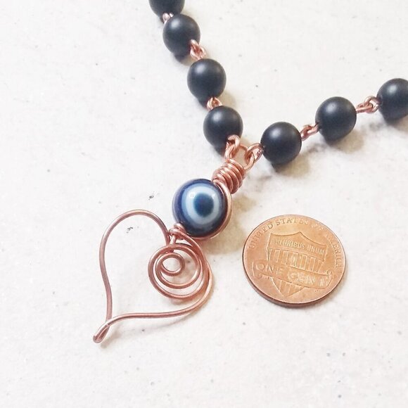 Handmade & Unique! Wire Wrapped Heart Necklace ~ Black Stone + Copper ~ Evil Eye - Picture 11 of 15